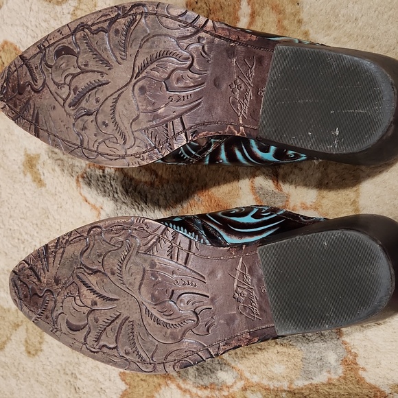 Patricia Nash Tooled Turquoise & Brown Leather Battista Mules Size 8.5 - Picture 6 of 10